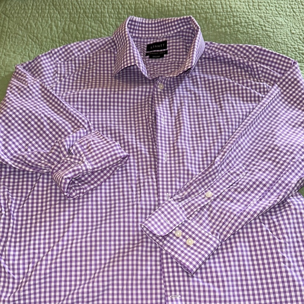 STANTT Men’s dress/tech fabric IYKYK Medium Purple Checkered Men's Shirt EUC